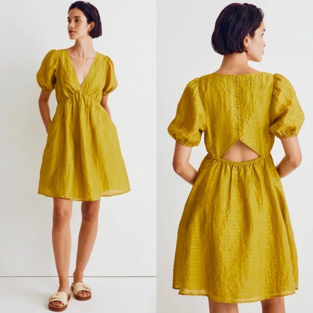 Madewell Annamarie Puff Short Sleeve Back Button Cut Out Mini Dress Lime 12